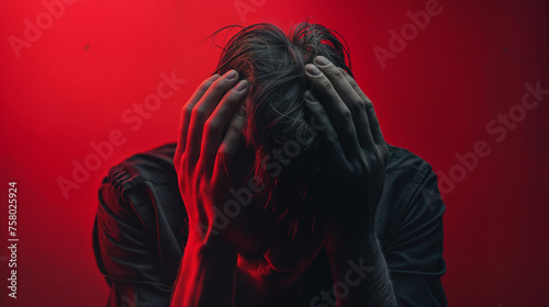 A man covers his face with his hands in a gesture of despair or embarrassment against a red background