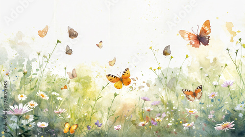 Colorful butterflies are seen flying gracefully over a vibrant field of blooming flowers photo