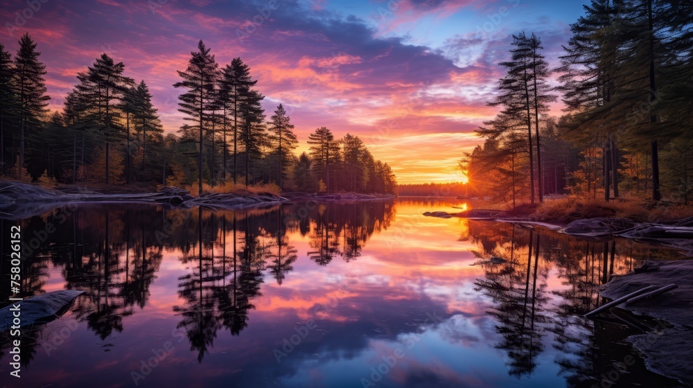 Tranquil mountain landscape, serene lake reflects vibrant hues of sunset sky in picturesque scene