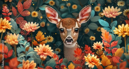 A beautiful deer stands in the colorful flowers © Photo And Art Panda
