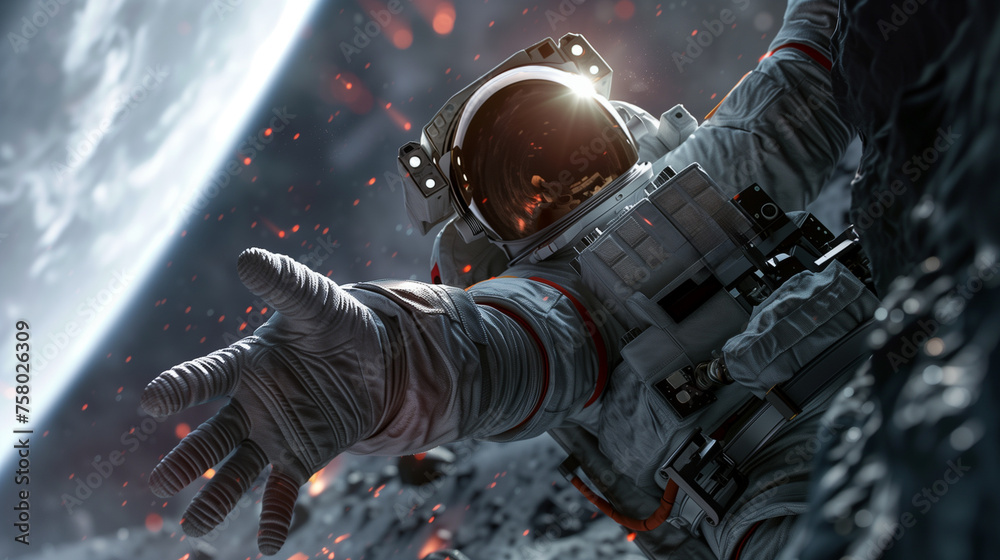 Astronaut reach out one's hand to something on planet on outer space ...