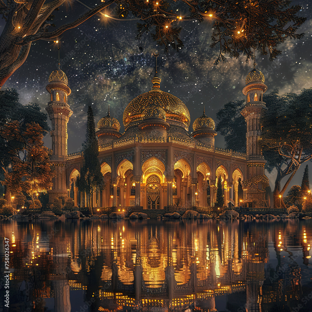 A majestic mosque near water with reflecting its intricate architecture and beautiful night sky