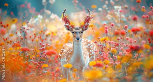 A deer with colorful flowers on its body stands in the flower sea