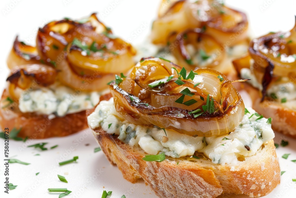 Caramelized Onion and Gorgonzola Crostini   Sweet onions with creamy Gorgonzola cheese on toasted baguette food photogrphy
