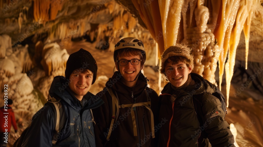 Fototapeta premium Three close friends embarked on a journey to explore a cave adorned with stunning stalactites