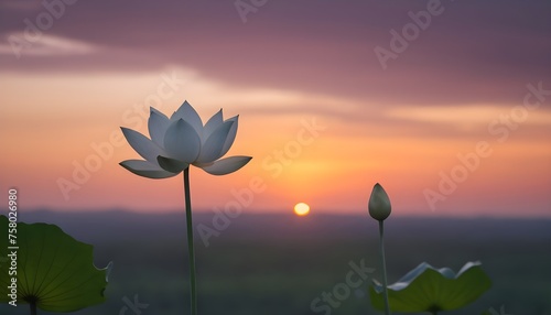 The delicate silhouette of a white lotus flower against the vibrant hues of a 4k sunrise sky.