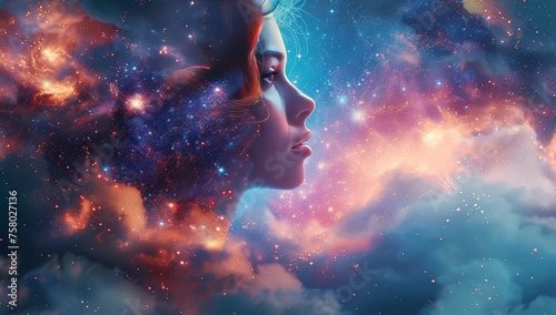 A double exposure of an ethereal woman's head with the universe and galaxies, creating a surreal blend that symbolizes vastness and mystery. 