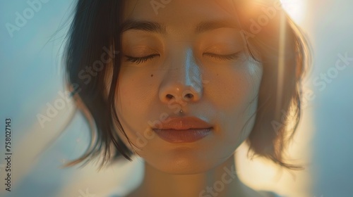 close up of a woman face in meditation, a single ray of light illuminating her peaceful expression of inner serenity , light from window