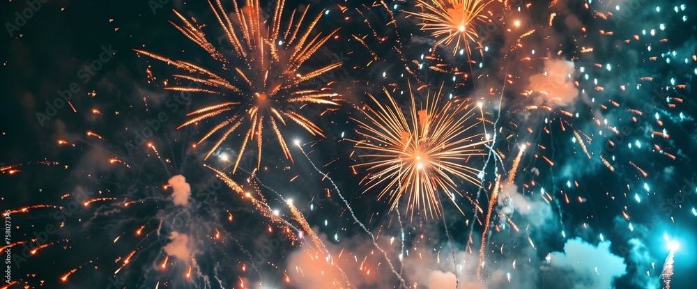 Fototapeta premium Fireworks that light up the sky on a summer night, rare landscapes, nighttime beauty, festivities, happiness. Generative AI