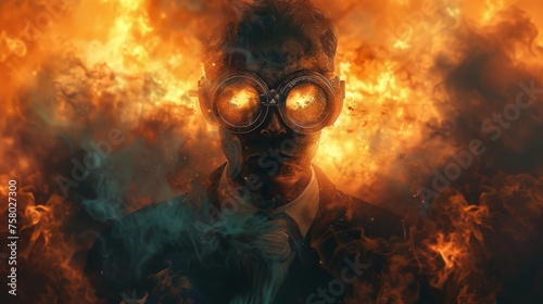 A fantasy character portrait of an evil scientist wearing steampunk goggles, with smoke and fire in the background. 