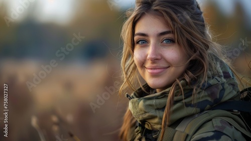 Portrait of a smiling female soldier in camouflage with a bokeh background