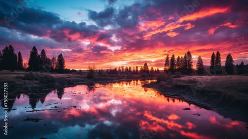 Mountain landscape with vibrant sunset sky reflecting in peaceful lake serene natural scenery