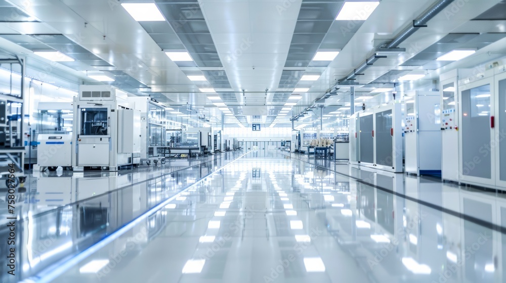 The image showcases an immaculate, well-lit manufacturing facility with advanced technological equipment and a reflective floor
