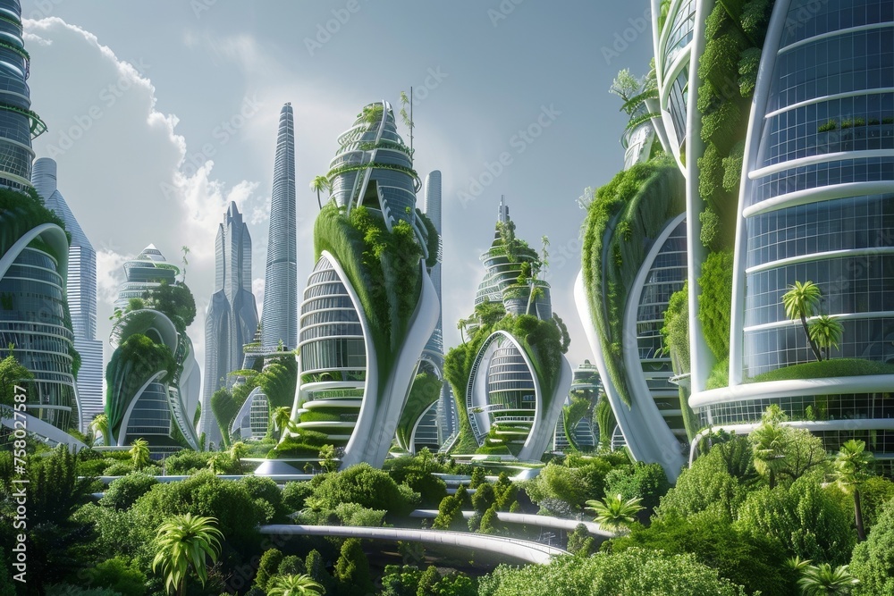 A futuristic city with vertical farms and green skyscrapers - obrazy, fototapety, plakaty 