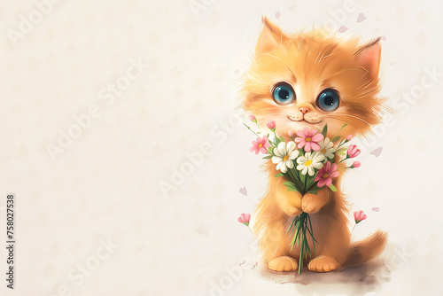 Greeting card design for Birthday, Valentine's Day, Women's Day. Cute red kitten holding a bouquet of flowers. Illustration with copy space. © Наталья Зюбр