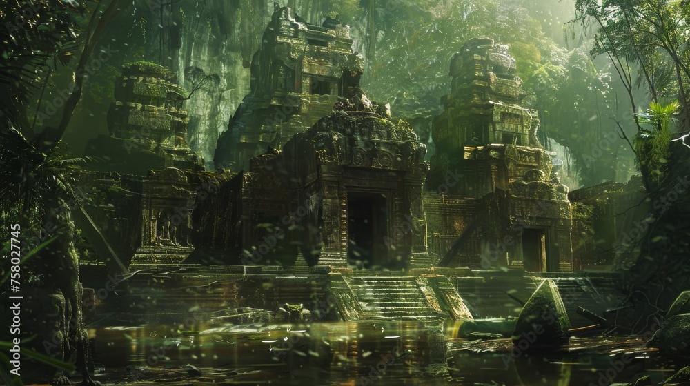 A hidden temple complex in a dense jungle with ancient traps and treasures