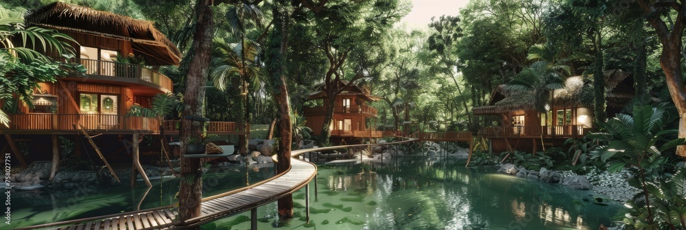 A hidden eco-village in a rainforest canopy with treehouses and bridges A hidden eco-village in a rainforest canopy with treehouses and bridges