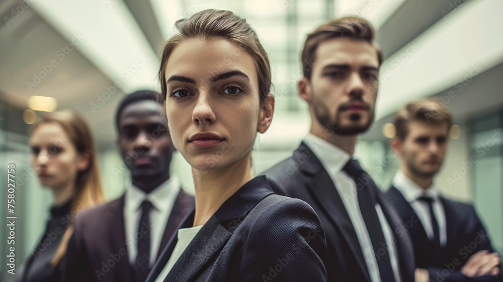 A group of diverse, professional individuals in business attire stand in formation, exuding confidence and unity A group of diverse, professional individuals in business attire stand in formation, exuding confidence and unity