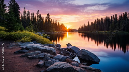 Tranquil mountain sunset colorful sky reflecting in peaceful lake, capturing vibrant evening hues