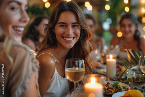 Joyful gathering of friends enjoying a festive dinner party