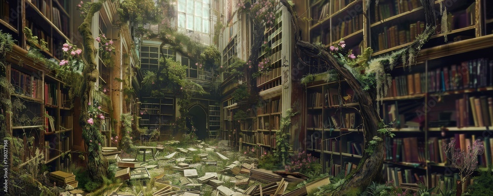 A post-apocalyptic library with nature reclaiming space