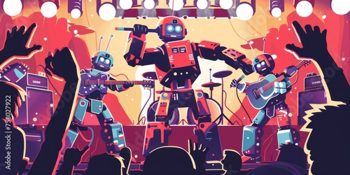 A playful illustration of a robot rock band performing on stage photo