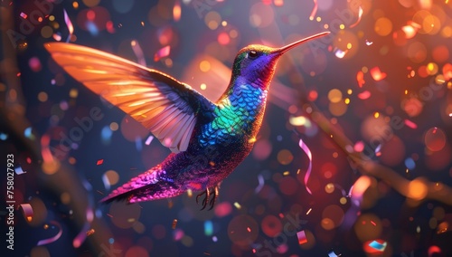 3d render of colorful hummingbird flying with music notes and confetti in dark background. photo