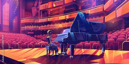 A playful illustration of a robot playing a grand piano in a concert hall photo