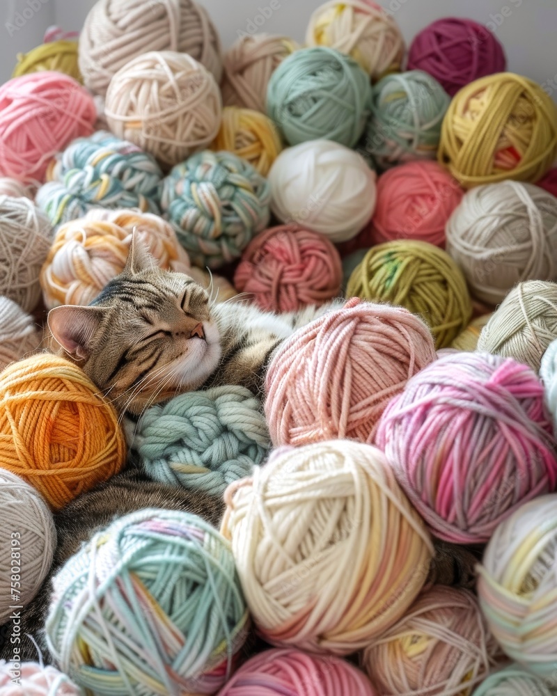 A whimsical scene of a giant cat napping on a pile of oversized yarn balls A whimsical scene of a giant cat napping on a pile of oversized yarn balls