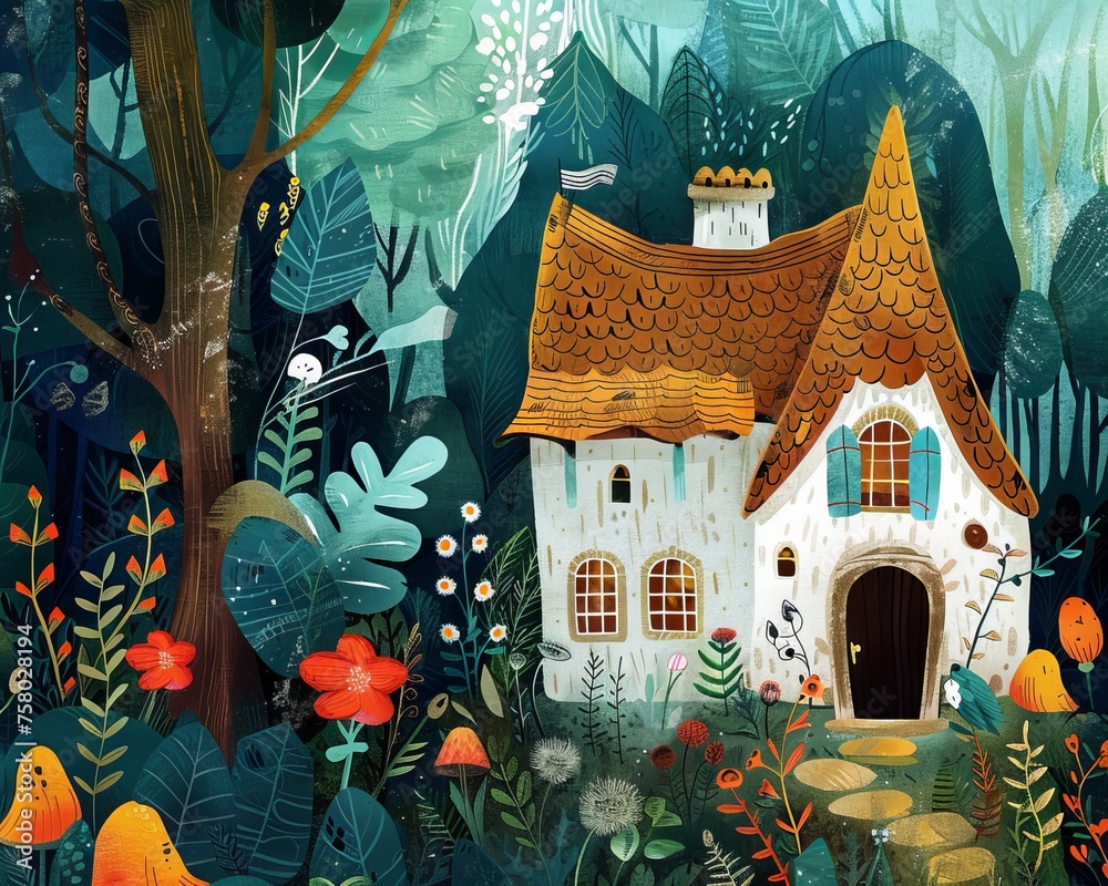A whimsical illustration of a cozy cottage surrounded by a lush