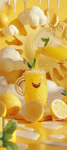 A whimsical 3D illustration of the sun holding a lemonade pitcher pouring a drink into a glass