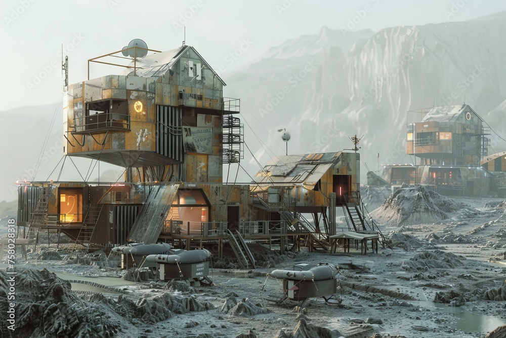 An apocalyptic survivors camp with innovative defenses and community living set in a rugged An apocalyptic survivors camp with innovative defenses and community living set in a rugged