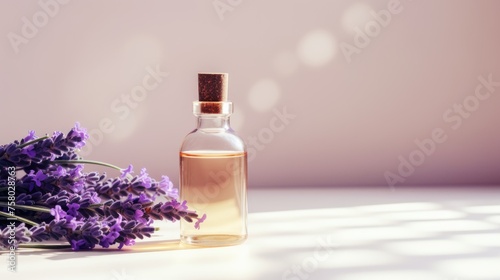 A glass bottle of lavender essential oil with fresh lavender flowers  an aromatherapy spa massage concept. Alternative medicine. Aromatherapy.
