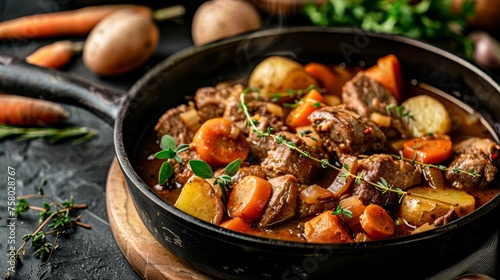 Delicious homemade beef stew with carrots, potatoes, and herbs, cooked to perfection