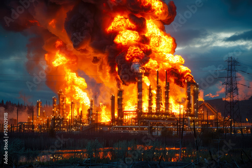 Powerful explosion and fire at an industrial oil refinery with a black cloud of smoke