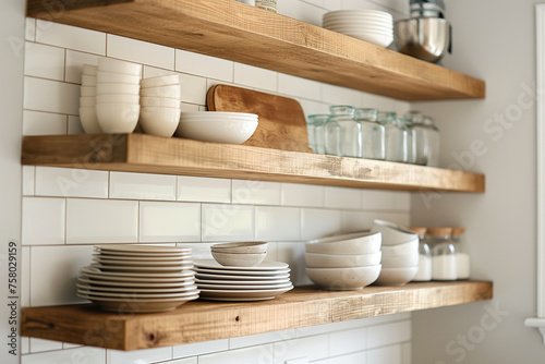 Kitchen utensils on a wooden shelf in a modern kitchen