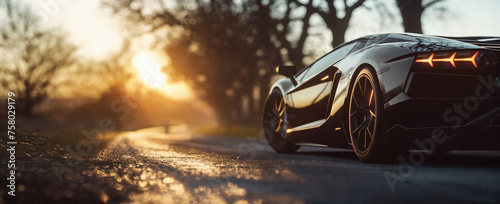 a black sports car driving down a road at sunset or dawn with trees in the background and the sun shining on the ground