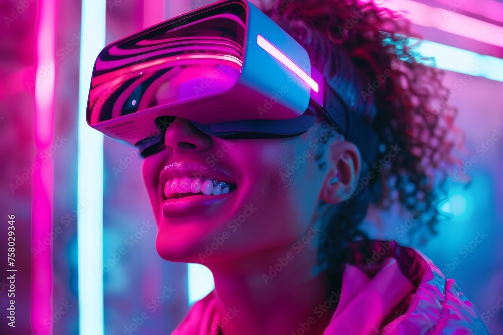 Futuristic woman exploring virtual reality in neon-lit environment Futuristic woman exploring virtual reality in neon-lit environment