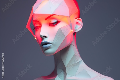 Geometric Neon Beauty: A Futuristic Portrait of a Woman Composed Entirely of Shapes and Vibrant Hues