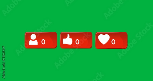 Digital image of follow, like and heart icons with increasing numbers on a green background 4k