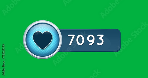 Digital image of a heart icon with increasing numbers ona green background 4k