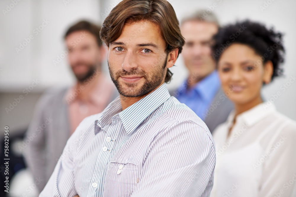 Smile, office and businessman in portrait with confidence and commitment at work. Accounting, company and happy face for teamwork for support, solidarity and together with career pride in workplace Smile, office and businessman in portrait with confidence and commitment at work. Accounting, company and happy face for teamwork for support, solidarity and together with career pride in workplace