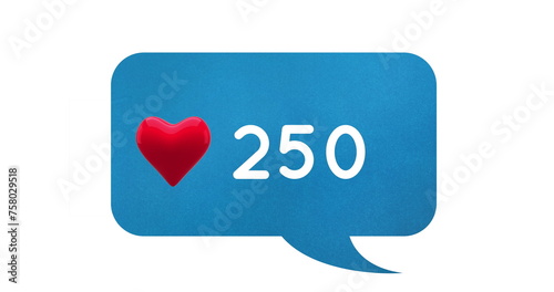 Digital image of a heart icon and increasing numbers  inside a blue chat box on a white background 4