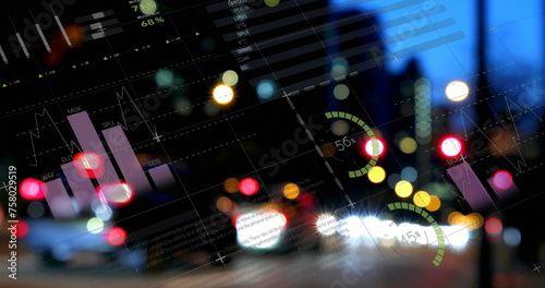 Image of statistics processing over cityscape © vectorfusionart