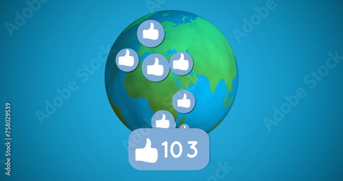 Digitally generated image of a rotating globe with likes increasing and like icons floating on a blu