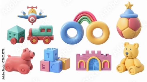 3D modern icons of kids' toys, including trains, planes, castles, balls, cubes, and bears.