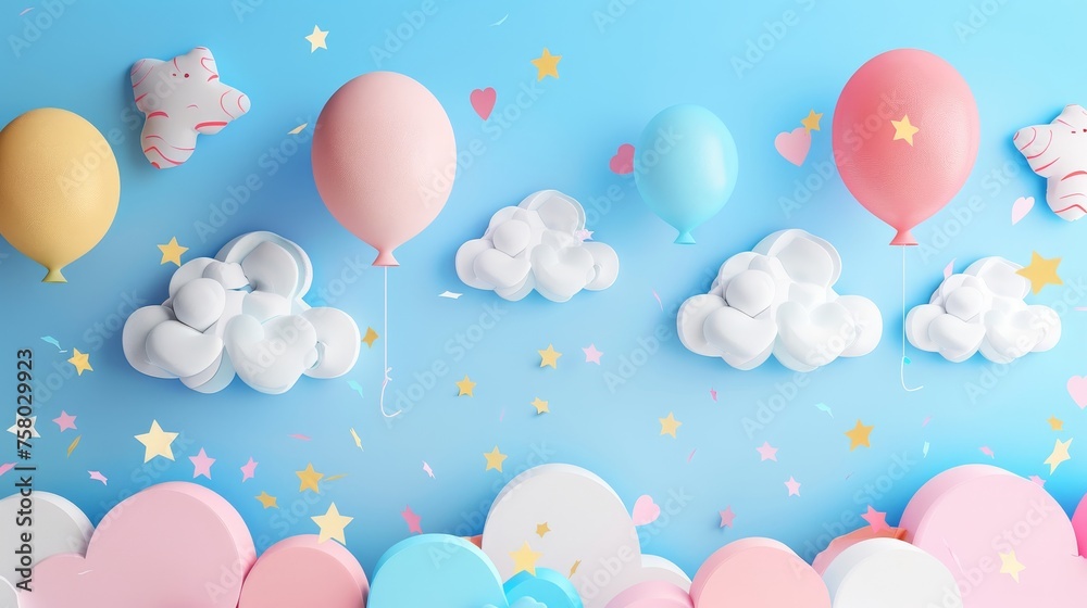 Greetings, congratulations, and a happy birthday sign with a sky, cloud, and balloons background. 3D paper cut sign, greeting, and congratulations design.