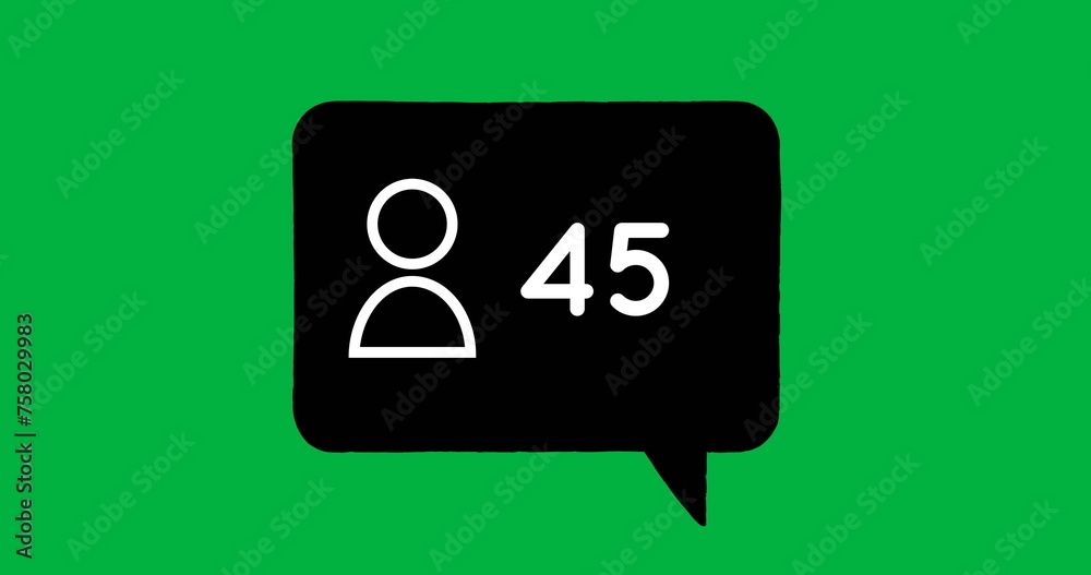 Digital image of increasing numbers and a follow icon inside a black chat box on a green background Digital image of increasing numbers and a follow icon inside a black chat box on a green background
