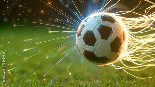 a soccer ball soaring through the air in a powerful kick  leaving a trail of light in its wake