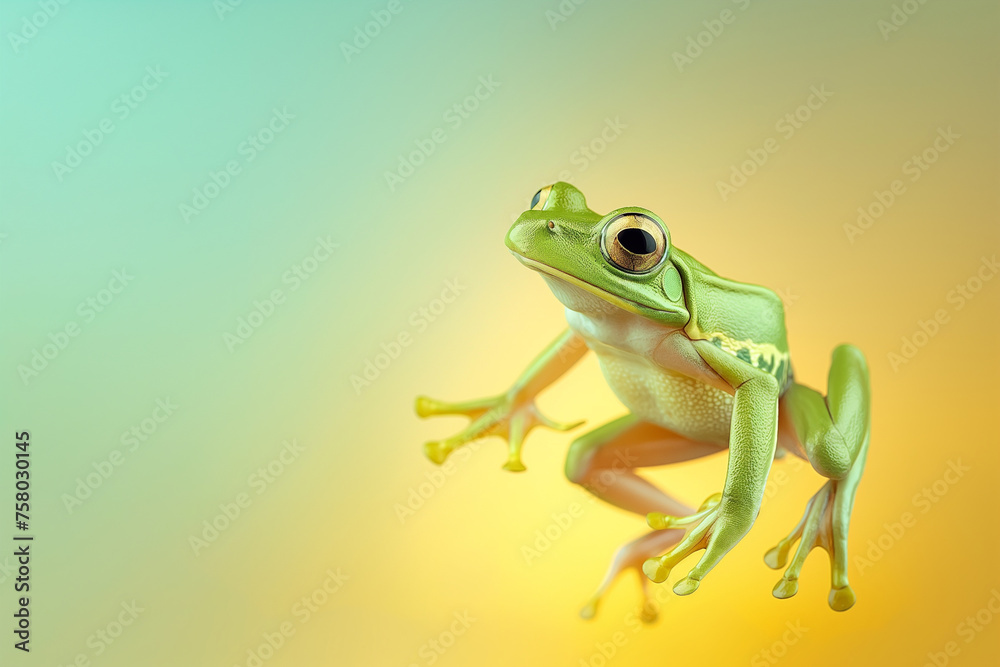 Green tree frog jumping isolated on pastel background with copy space for text. Green tree frog jumping isolated on pastel background with copy space for text.